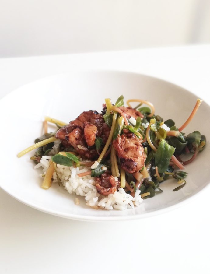 Kip in zwarte bonensaus met postelein