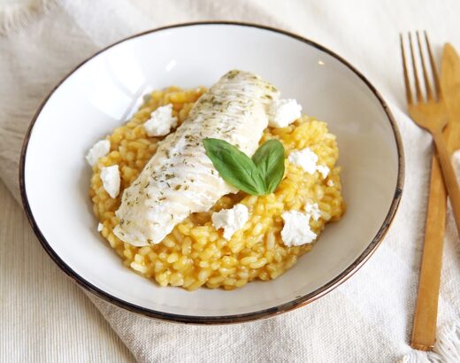 Pompoenrisotto met geitenkaas en kabeljauw