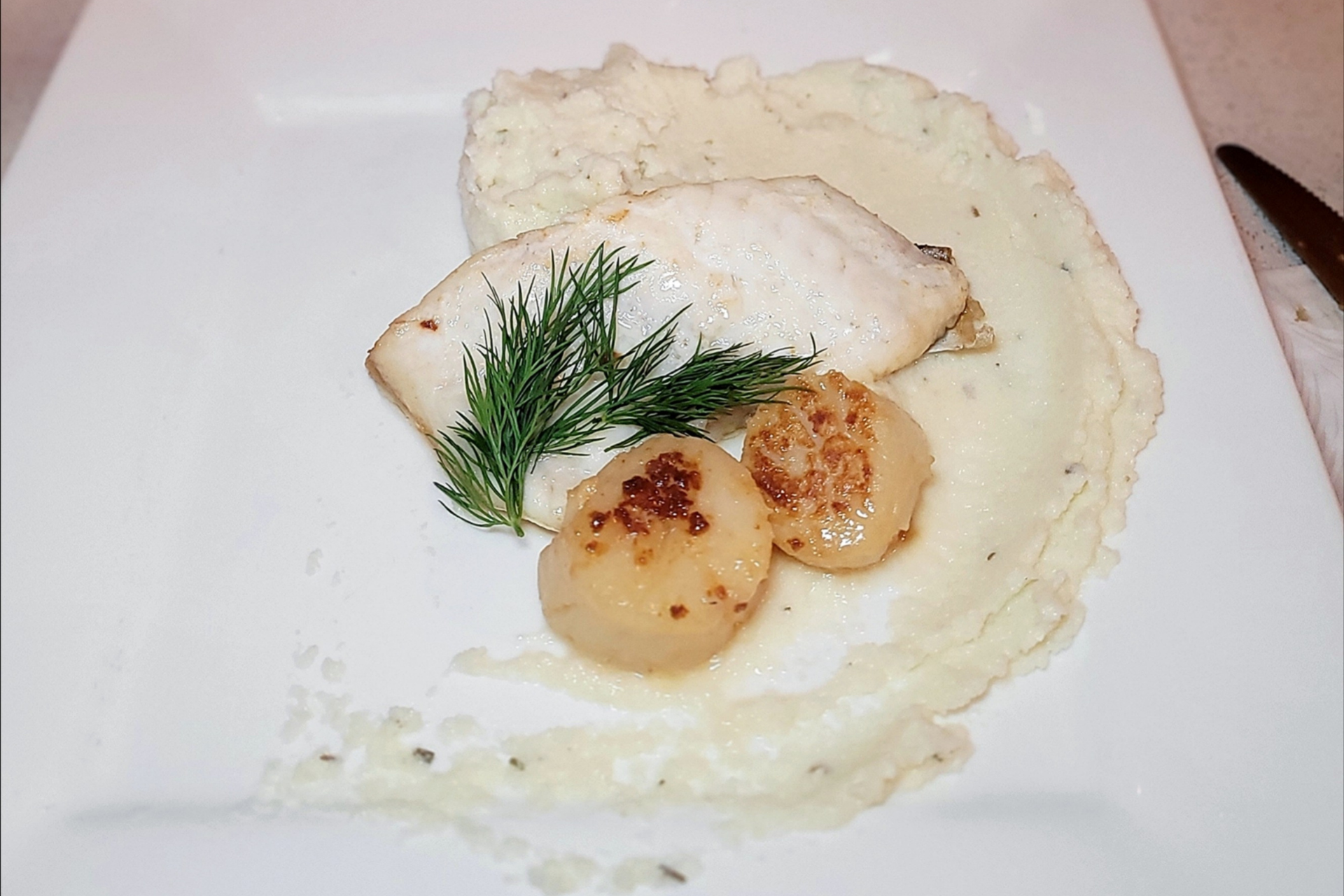 Bloemkoolmousseline met dorade en coquilles
